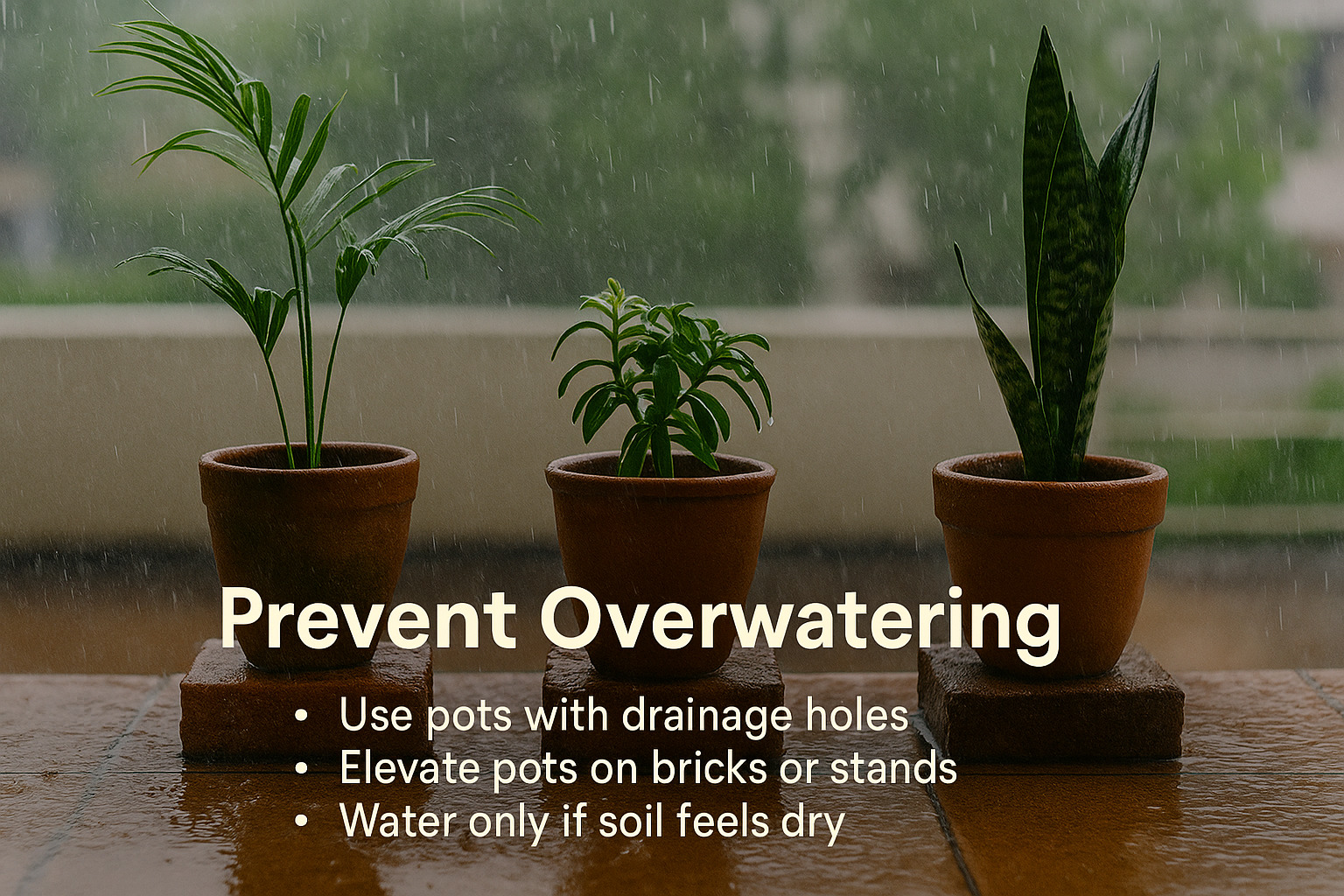 Prevent overwatering balcony plants during monsoon – drainage tips with elevated terracotta pots on bricks in a rainy Indian balcony setting